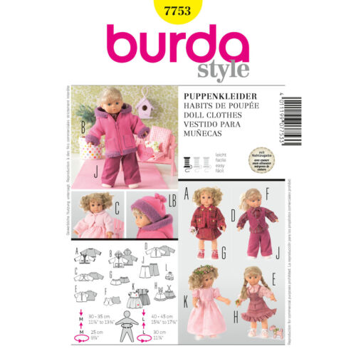 BURDA 7753 DOLLS CLOTHES Sewing Pattern 29cm 12"-14" 16"-18" Doll Skill: EASY - Picture 1 of 3