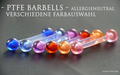 PTFE Piercing Barbell 6-50mm Zungenpiercing Bioflex Hantel bunt metallfrei