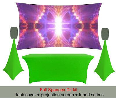HELLGRÜN Spandex Full DJ Kit. Tischdecke + Stativ Scrims + Projektionsleinwand