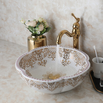 Floral Vessel Sink White Bathroom Ceramic Sinks Gold Pattern Basin Bowl + Faucet
