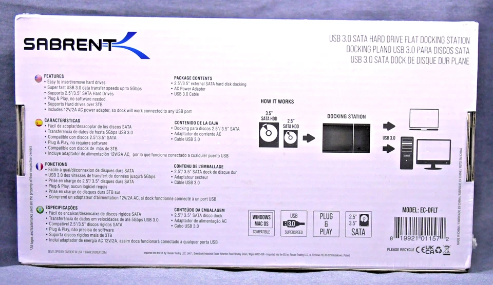 NEW Sealed SABRENT USB 3.0 SATA 2.5" 3.5" HARD DRIVE FLAT DOCKING STATION - Image 2 of 4