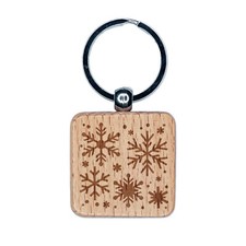 Christmas Snowflakes Engraved Wood Square Keychain Tag Charm