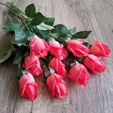 Coral Fire Long Stem Rosebud Faux Flower Real Touch Petals 19" Artificial Rose