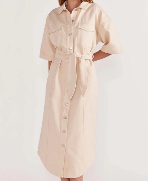 STAPLE The Label Size S (8-10) Beige Denim Button Midi DRESS with Belt, Pockets