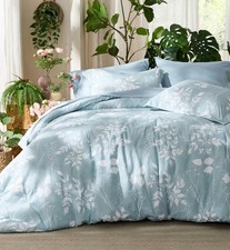 7pc Sky Blue Floral Queen Bed, Set Sheets, Shams Boho Bedding, 90x90