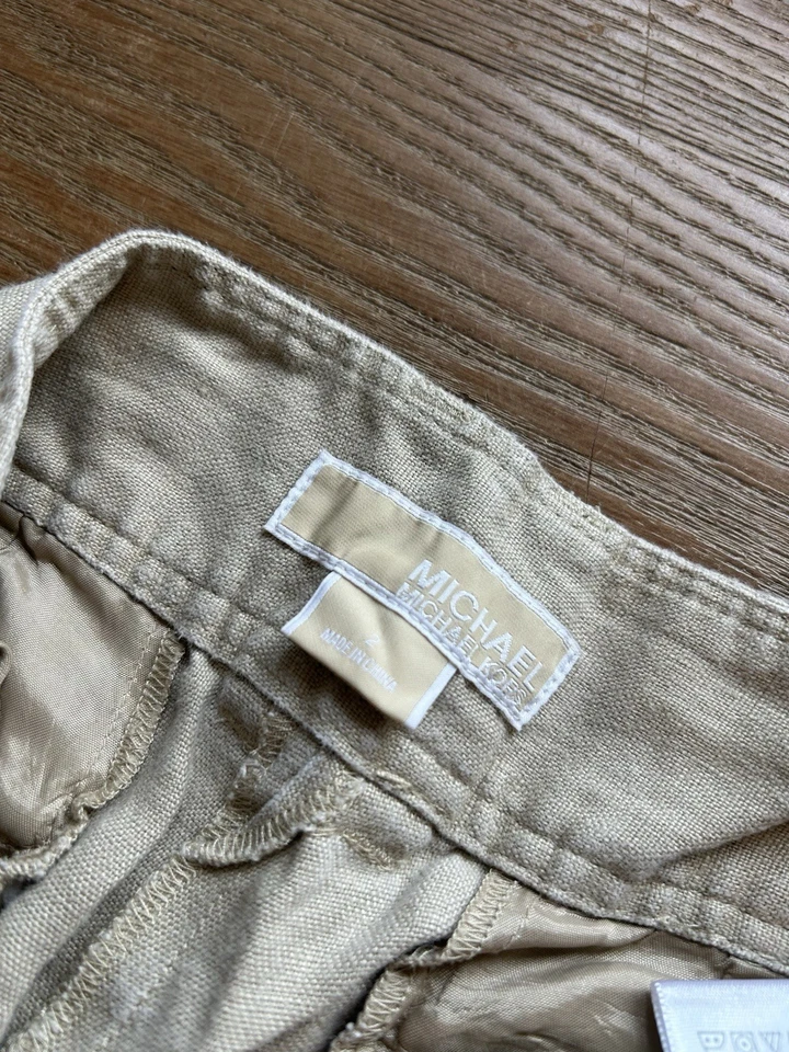 Michael Kors Womens 2 Linen Flowy Wide Leg Trouser Pants Khaki - Image 4 of 4