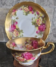Royal Chelsea Cup & Saucer Bone China Pink Golden Rose Heavy Gold