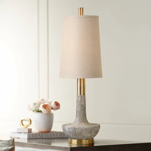 Modern Table Lamp 30 3/4" Tall Faux Stone Ivory Brass Drum Shade for Living Room - Picture 1 of 3