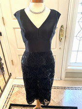 Adrianna Papell Little Black cocktail dress faux silk/ lace and sequins size 8