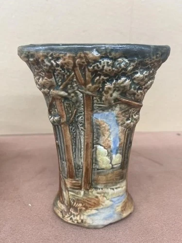 Antique 1915 WELLER Art Pottery FOREST 8" Flared Vase Repaired