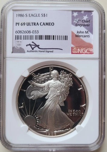 1986-S American Silver Eagle $1 Proof PF69 Ultra Cameo NGC Mercanti Signed