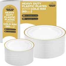 60 White and Gold Plastic Plates for Party - Fancy Disposable Heavy Duty 30