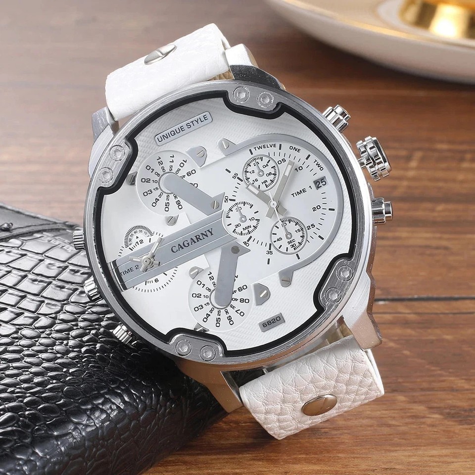 CAGARNY Men's Big Dial Quartz Watch Dual Time Display Leather Band | eBay