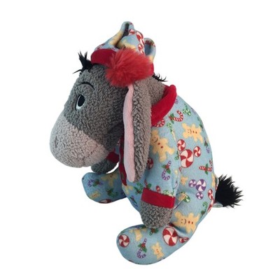 Disney Parks Eeyore Plush 12'' Blue Christmas Footed Pajamas Cap Candy Cane