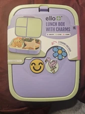 ello Lunch Box with 3 Charms Ice Pack Purple Green w Handle Dishwasher Safe