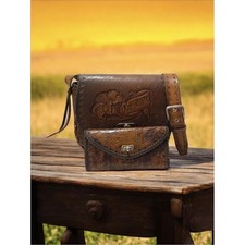 Vtg 70s Floral Full Grain Leather Tooled Painted Shoulder Bag Purse Boho Hippie