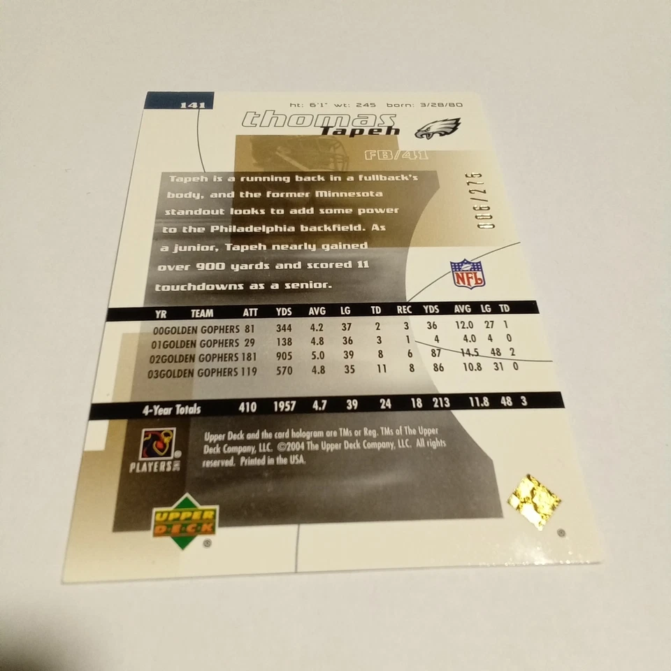 2004 Upper Deck Finite HG - Futures Thomas Tapeh #141 /275 (RC) Eagles - Image 2 of 2