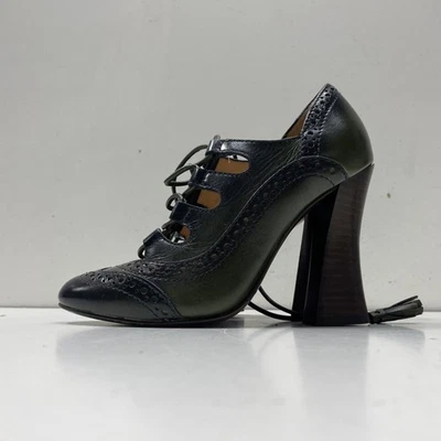 Tory Burch Dark Green Black Leather Brogue Lace-Up Tassel Heels Size 5 - Image 1 of 4