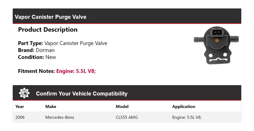 Válvula de purga de bote de vapor Dorman 5,5 L AMG 2006 Mercedes-Benz CLS55 AMG Foto 2 de 4