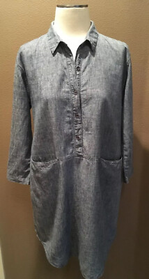 Eileen Fisher PXS Blue Chambray Tunic Shirt Dress W 3/4 Sleeves & Pockets