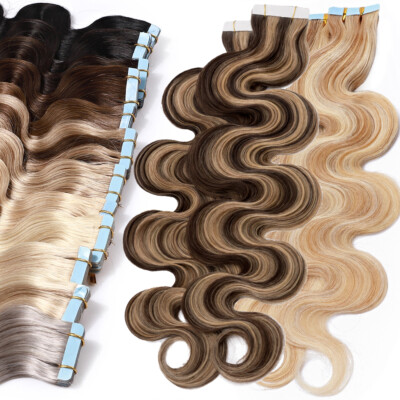 24in THICK Tape In Hair Extensions 100% Remy Real Human Hair Skin Weft Body Wave