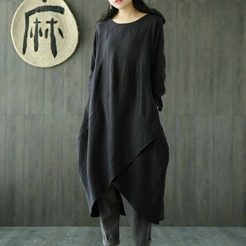 Women Linen Cotton Midi Dress Loose Baggy Long Sleeve Plain Vintage Casual M-5XL - Picture 10 of 14