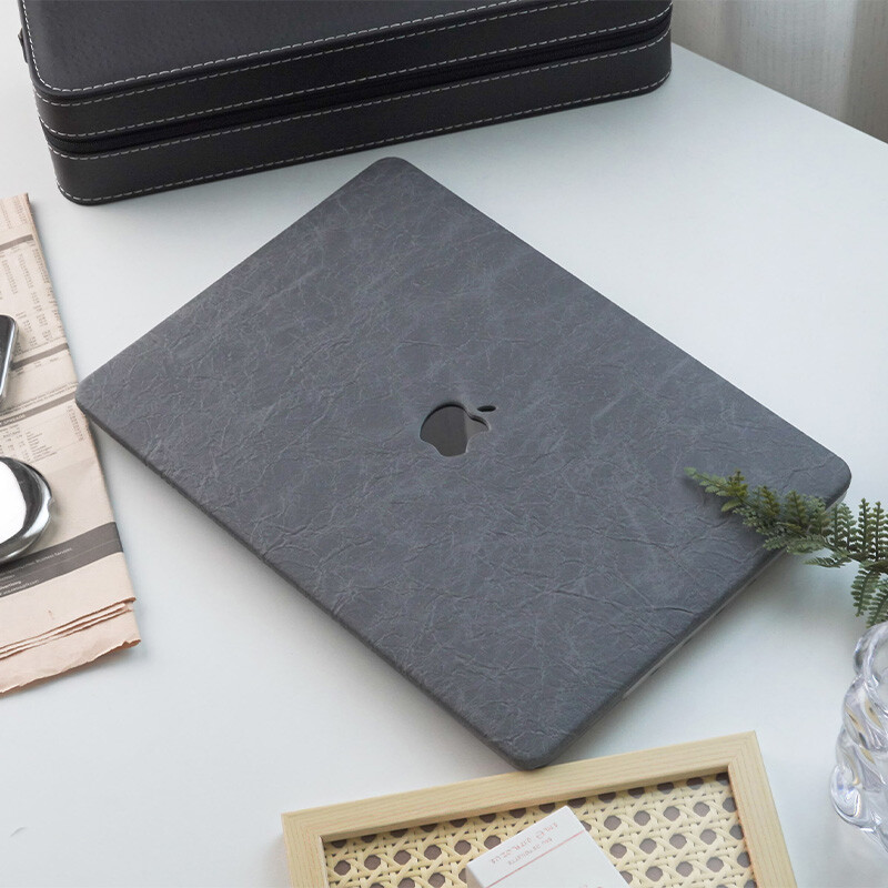 Gray Rock Texture PU Leather Case For Macbook M4 Pro 14 16 Air 13