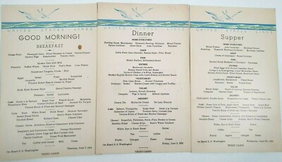 1934 United States Lines S.S Washington Frühstück Abendessen Abendessen Menüs 3. Kabine