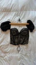 Sexy Black Lace Bustier Corset Top – Puff Sleeves, Sheer Mesh, Gothic/Victorian