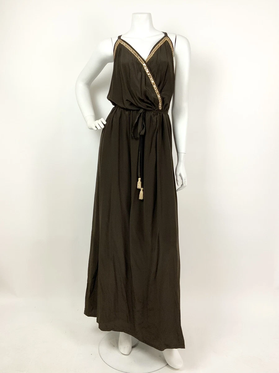 VINTAGE 60s 70s BROWN GOLD BRONZE SEQUIN STRAPPY GRECIAN PLUNGE MAXI DRESS 12 14