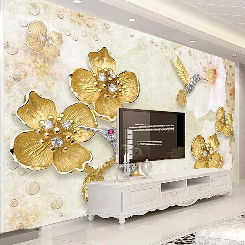 3D Gold Plum Flower Bird Jewellery Wall Mural Wallpaper Living Room Lounge  | eBay