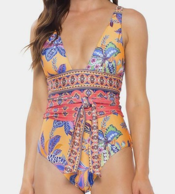 293 Becca By Rebecca Virtue Women Yellow Printed Tie Front One Piece Swimsuit L Ebay