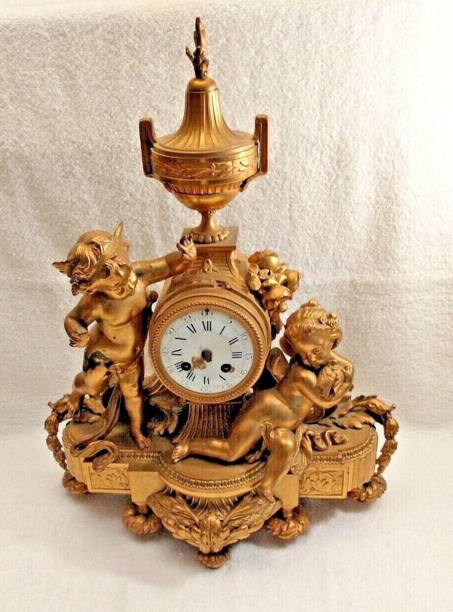 Antique P. H. Mourey Gilt Metal Mantel Clock With Porcelain Dial