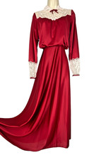 Vintage 1970s red maxi dress S white lace Victorian A line prairie long sleeve