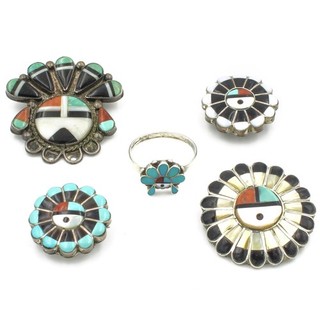 Southwest Sterling Sunface Coral Onyx Turquoise Inlay Jewelry Lot of 5 #S5568 5