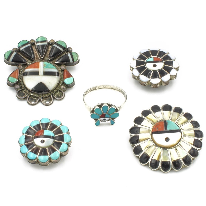Southwest Sterling Sunface Coral Onyx Turquoise Inlay Jewelry Lot of 5 #S5568-5