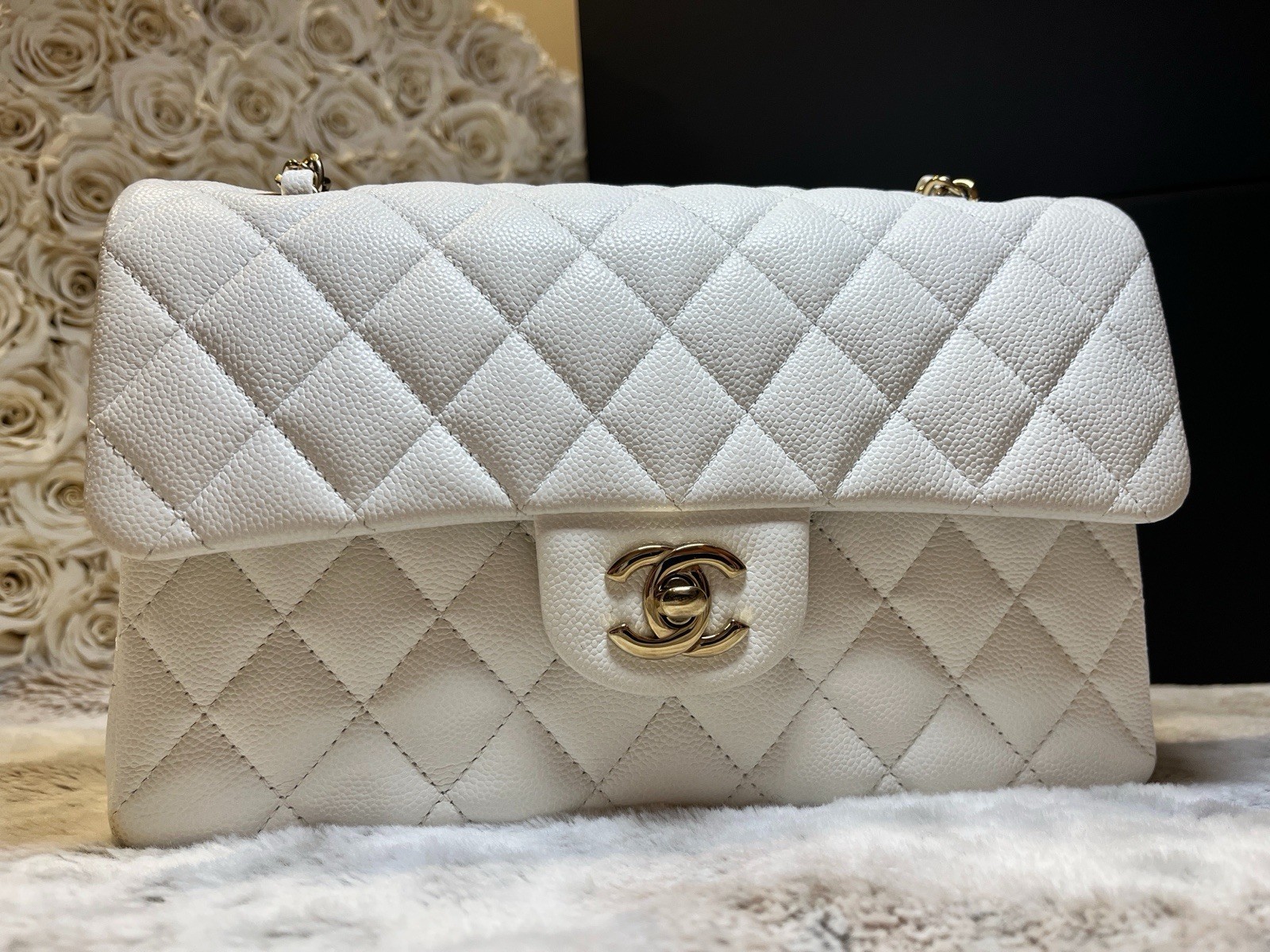 Authentic CHANEL Small Classic Flap White Caviar Leather Gold-Color Hardware image 2