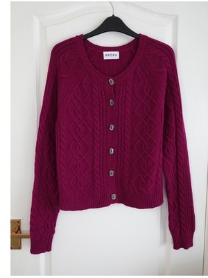 Brora Cashmere Aran Cable Cardigan Size 8 - 10 Purple Knit Button Sweater Jumper