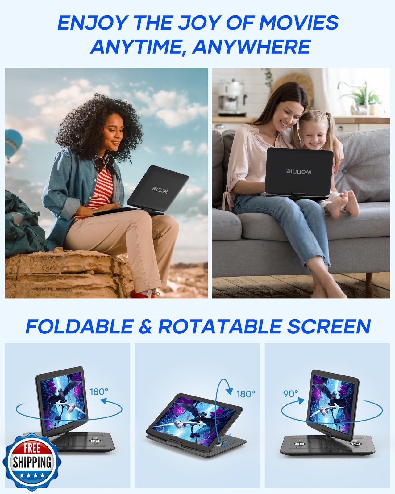 WONNIE 17.9" Large Portable DVD/CD Player with 6 Hrs 5000mAH Rechargeable Bat