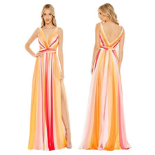 Mac Duggal #68151 Stripe multi colored A-Line Side Slit Dress. Size 2