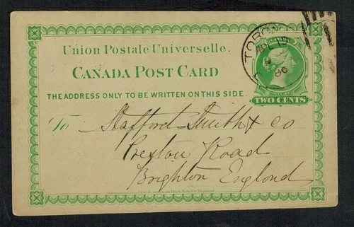Canada #P4, 2¢ green 1st UPU QV Postal Card, used 1896 Toronto to England VF