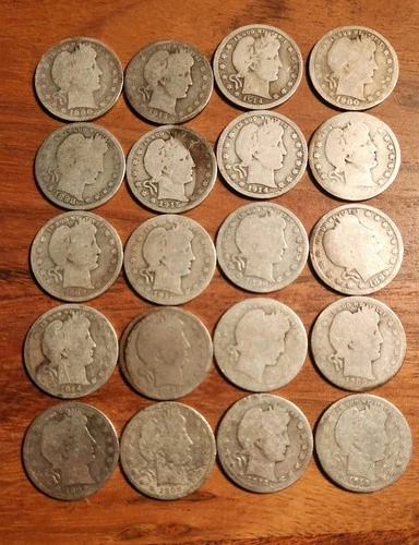 Lot of 20 Silver Barber Quarters WELL WORN - Free Ship - 3.616 oz SILVER
