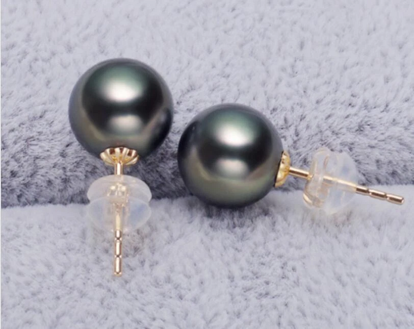AAA 10 11mm real natural Tahitian Black round pearl earrings 18k Yellow Gold