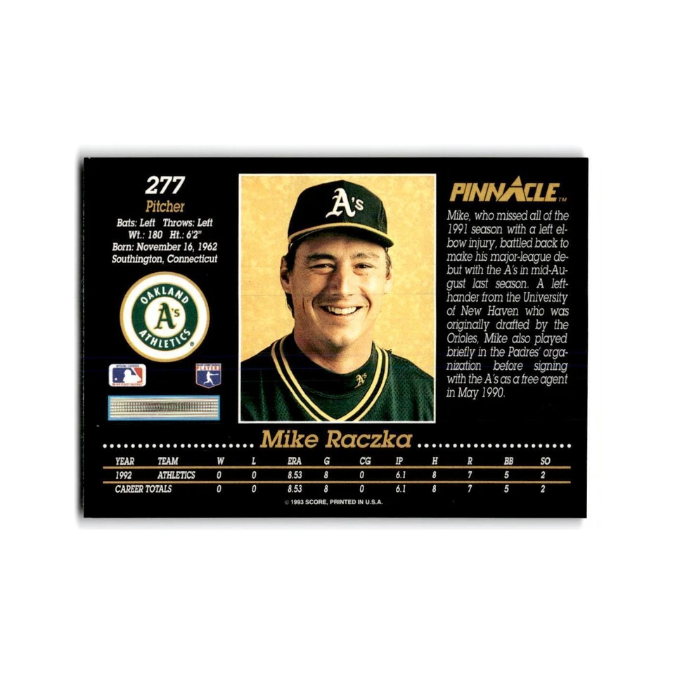 Mike Raczka Rookie 1993 Pinnacle #277 Oakland Athletics Baseball Card NM - Image 2 of 3