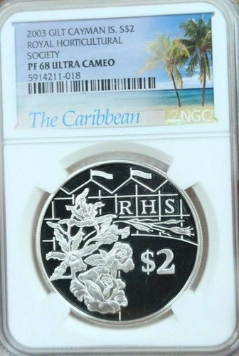 2003 CAYMAN ISLANDS SILVER 2 DOLLARS ROYAL HORTICULTURAL NGC PF 68 ULTRA CAMEO