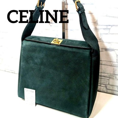 CELINE Turnlock Hand Bag Shoulder Bag Suede Nubuck Leather Green x Gold Hardware