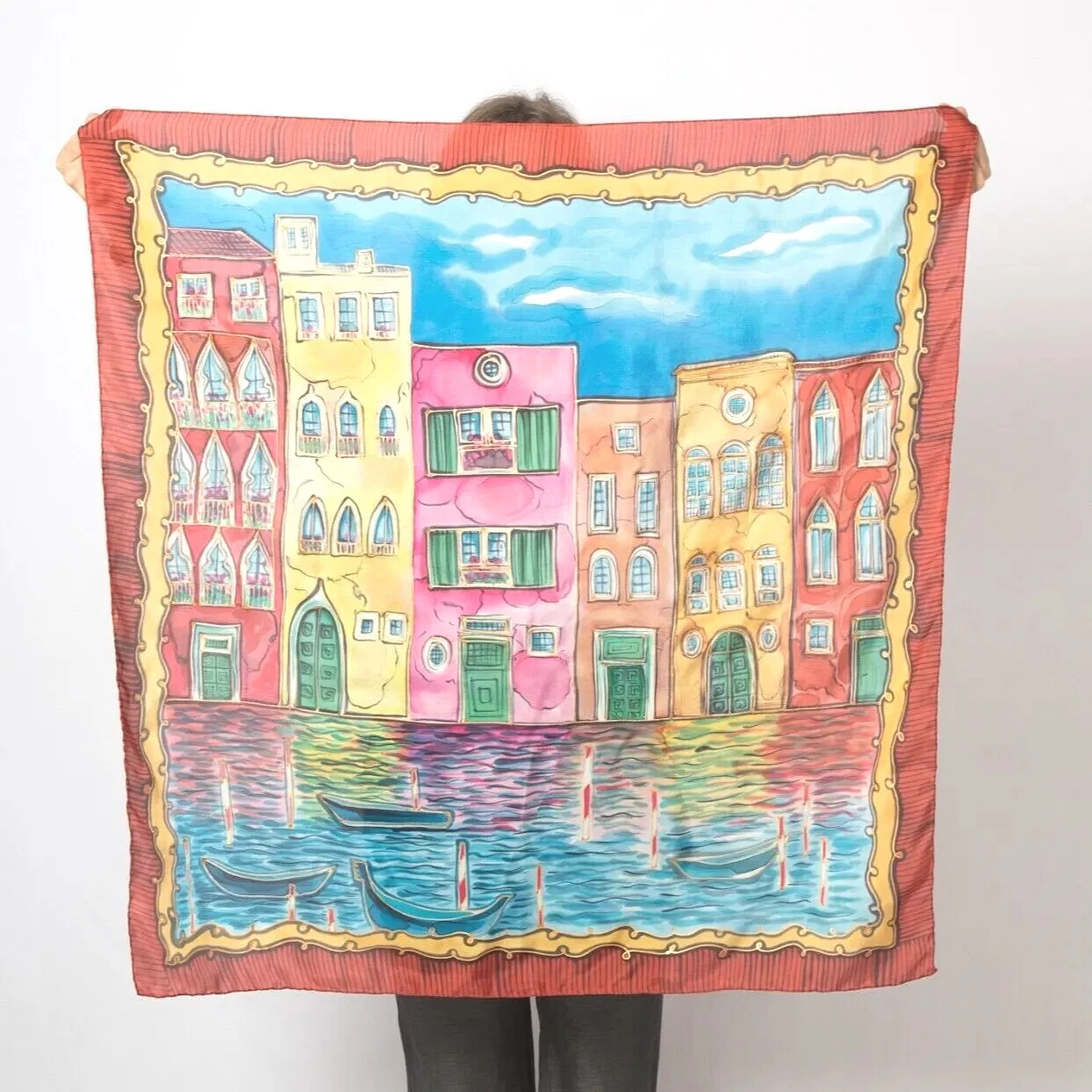 Hand Painted Pure Silk Scarf Venice Silk Square Scarf Venice Lover Scarf 35X35