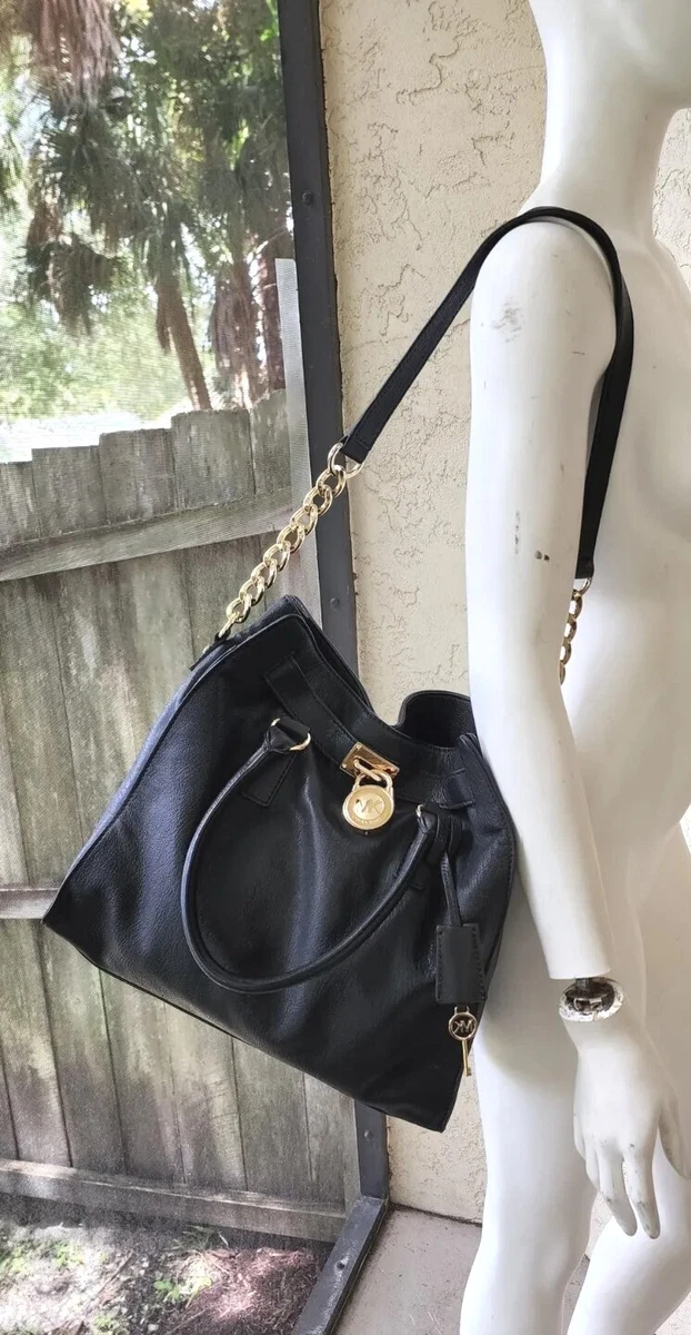 MICHAEL KORS HAMILTON LARGE BLACK LEATHER GOLD LOCK KEY NS TOTE BAG PURSE