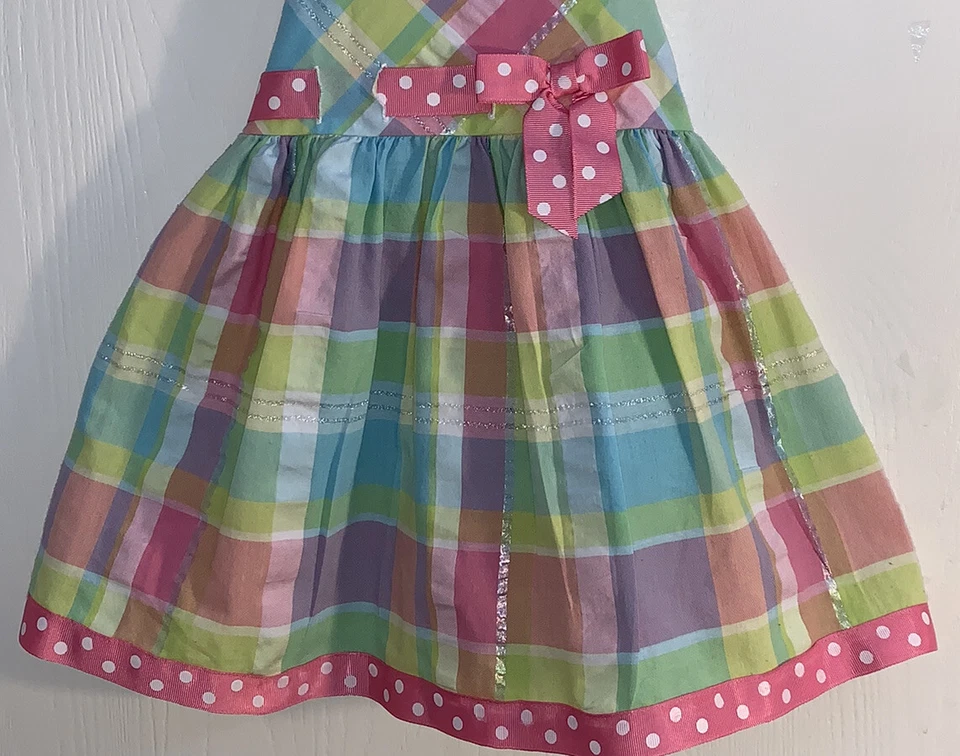 Bonnie Baby Baby Girl Sz 18M Sundress Pastel Plaid Pink Ribbon White Polka Dots - Image 4 of 4
