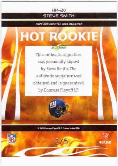 STEVE SMITH 2007 Score Select Hot Rookie End Zone Autograph Rookie Auto 2/5 Card - Image 2 of 2
